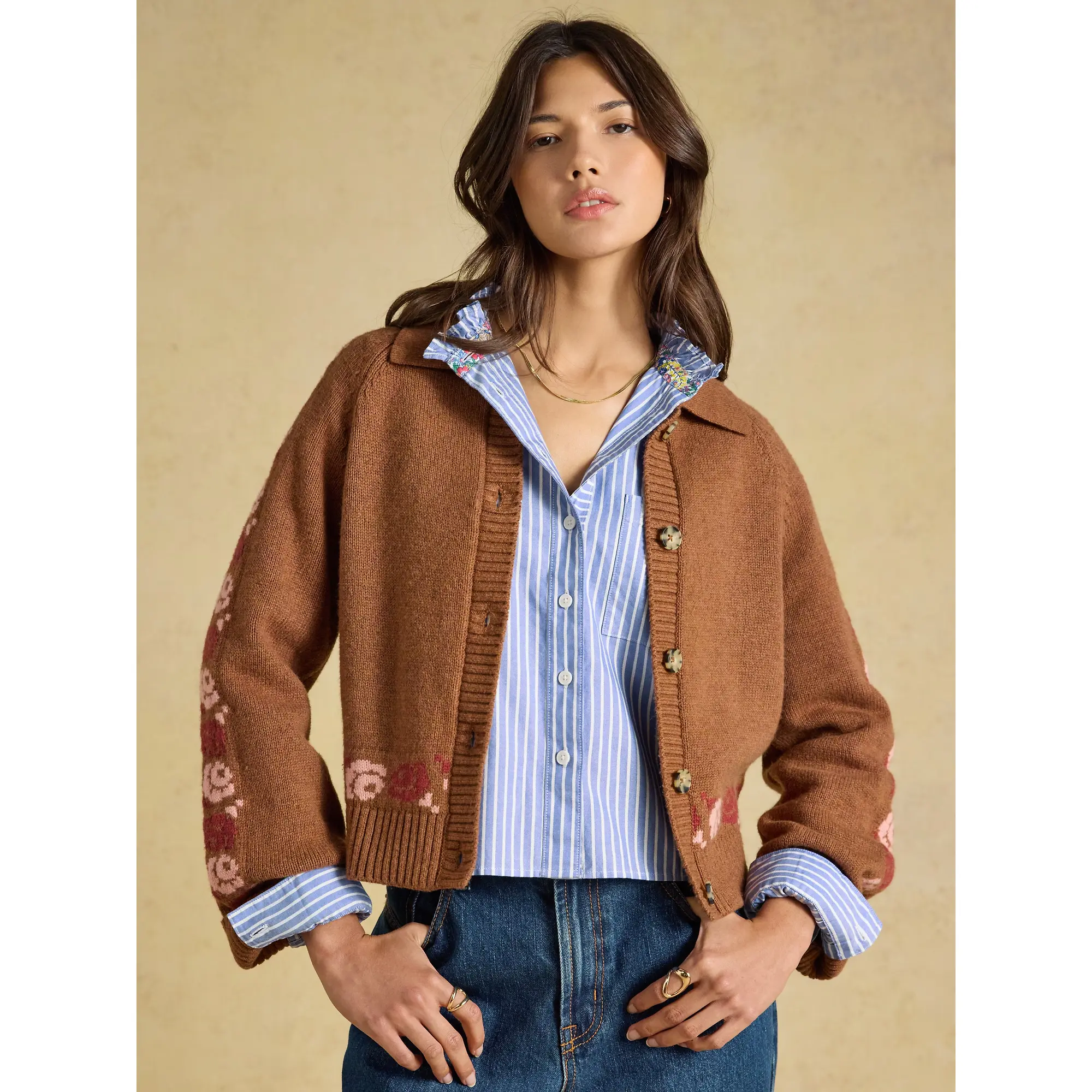 Product image 6 of 7 of Joules Women's Embroidered Cowboy Cotton Blend Knitted Cardigan - Tan Brown
