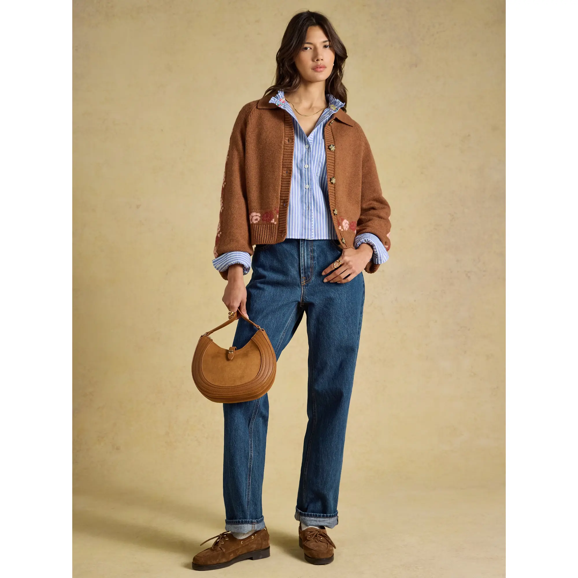 Product image 7 of 7 of Joules Women's Embroidered Cowboy Cotton Blend Knitted Cardigan - Tan Brown