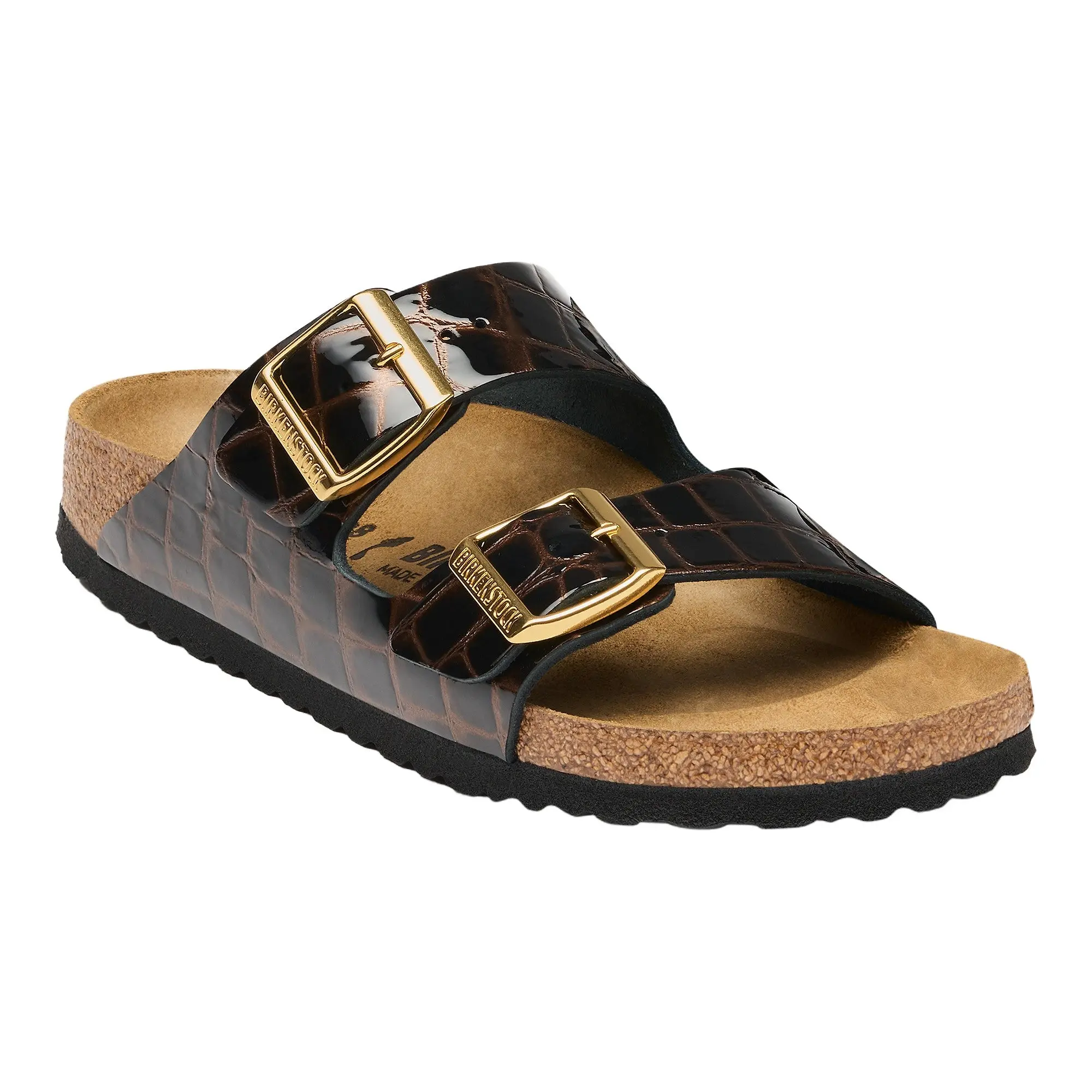 Product image 1 of 8 of Birkenstock Women's Arizona Natural Leather Narrow Sandals - Emboss Croc Leather Black / Brown