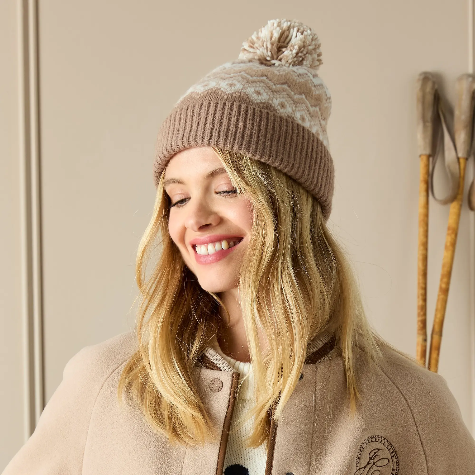 Product image 2 of 5 of Joules Women's Kara Fairisle Bobble Beanie Hat - Neutral