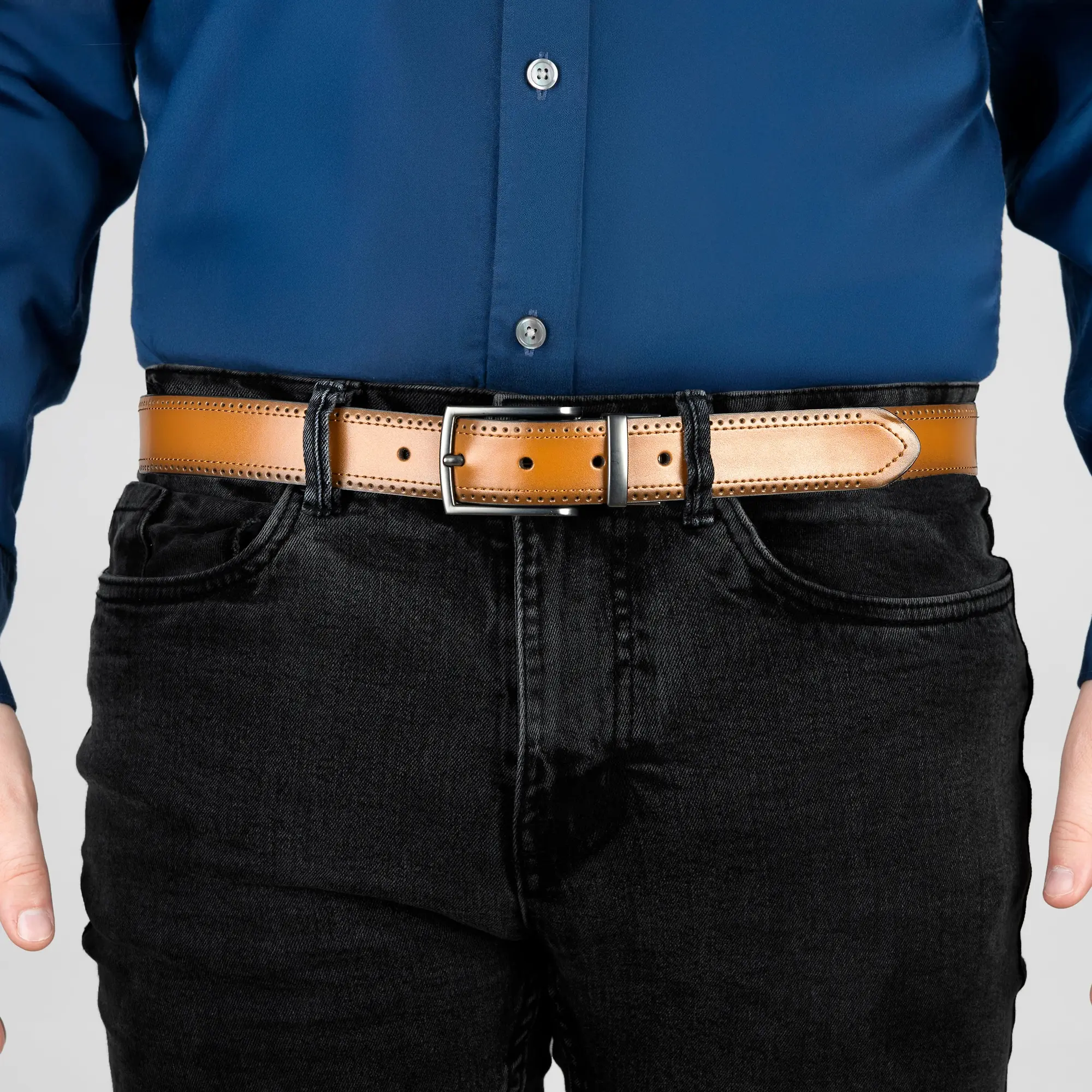 Product image 7 of 9 of Dents Men's Reversible Leather Belt With Gunmetal Buckle and Brogue Detail - Black/Tan