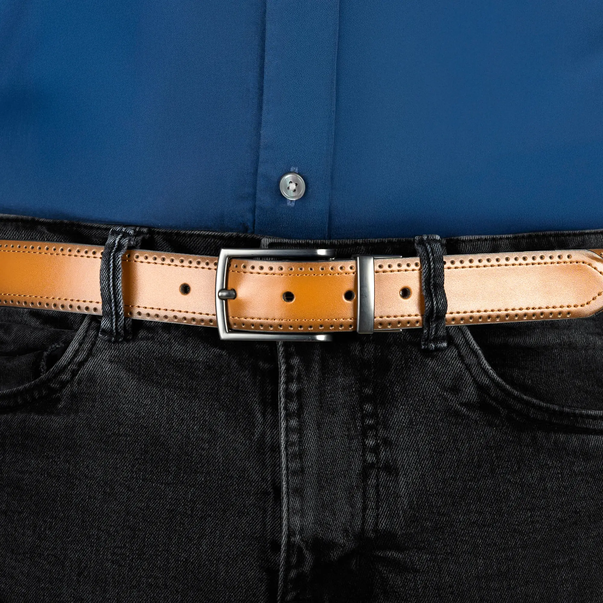 Product image 8 of 9 of Dents Men's Reversible Leather Belt With Gunmetal Buckle and Brogue Detail - Black/Tan