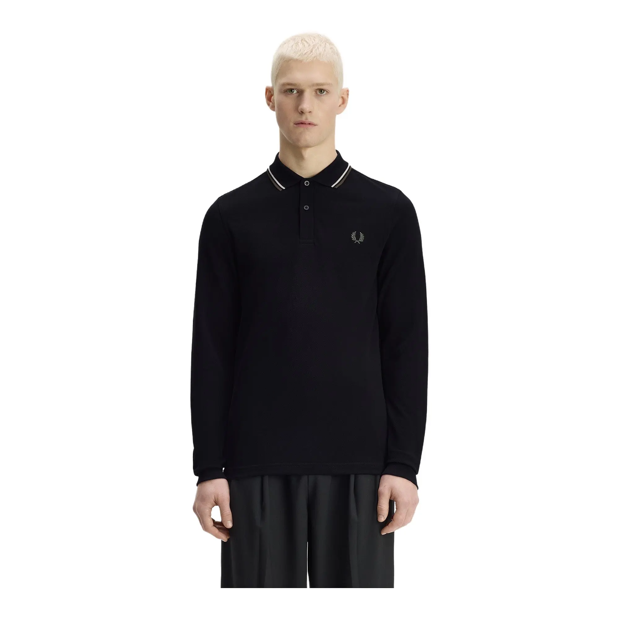 Product image 2 of 7 of Fred Perry Men's M3636 LS Twin Tipped Shirt - Black / Ecru / Laurel Wreath Green