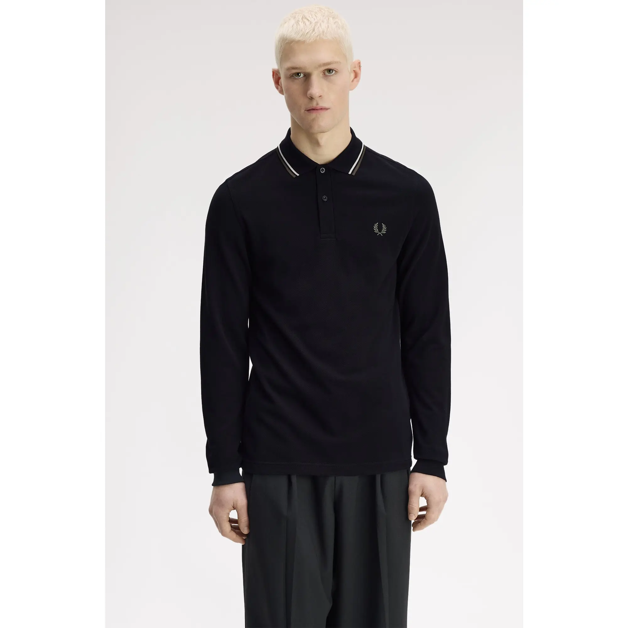 Product image 4 of 7 of Fred Perry Men's M3636 LS Twin Tipped Shirt - Black / Ecru / Laurel Wreath Green