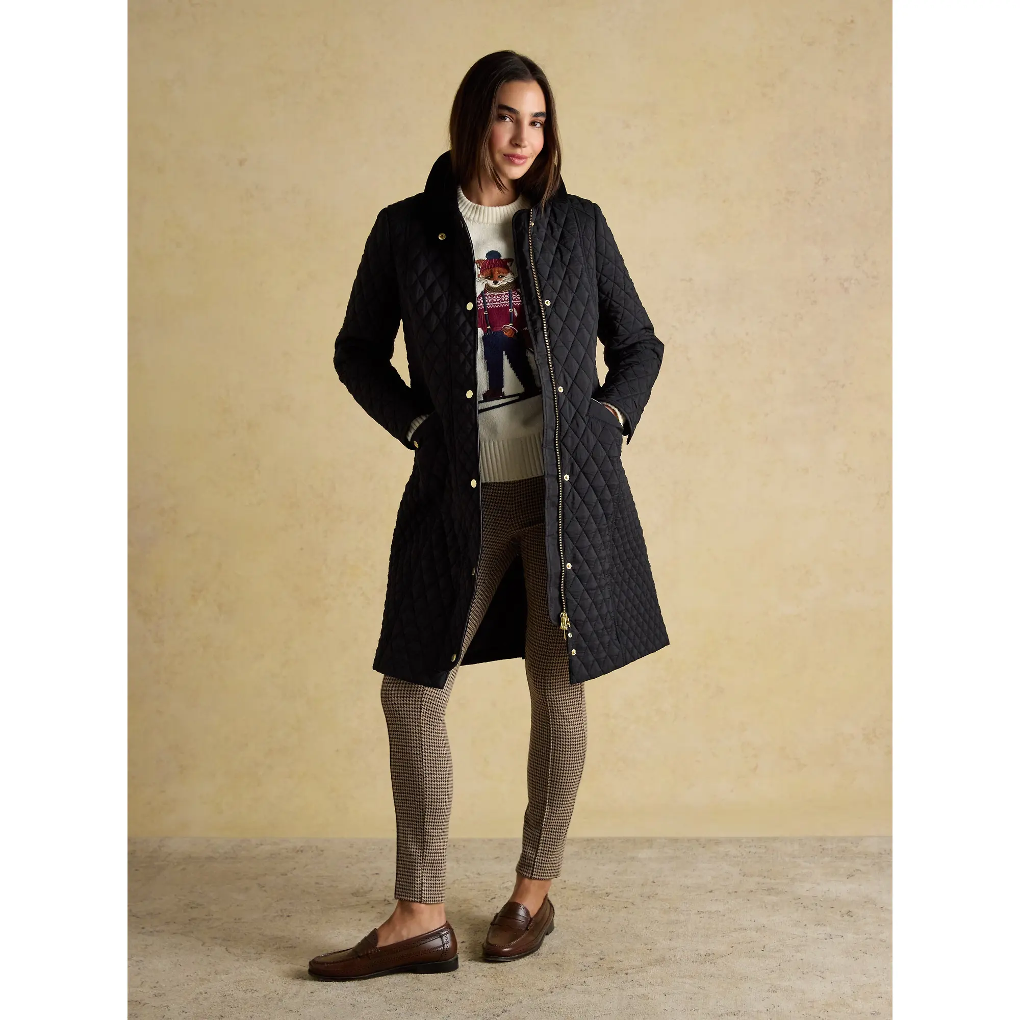 Product image 4 of 12 of Joules Women's Rosewell Longline Diamond Quilted Showerproof Coat - Black