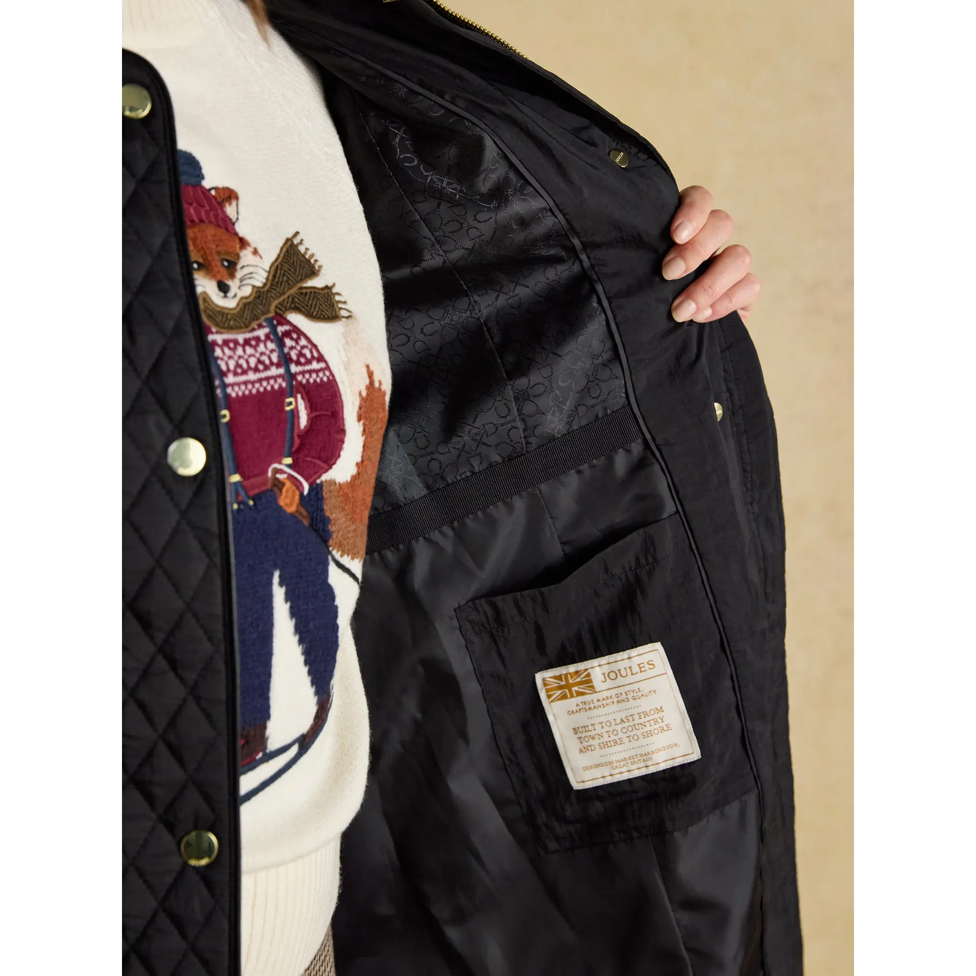 Product image 12 of 12 of Joules Women's Rosewell Longline Diamond Quilted Showerproof Coat - Black