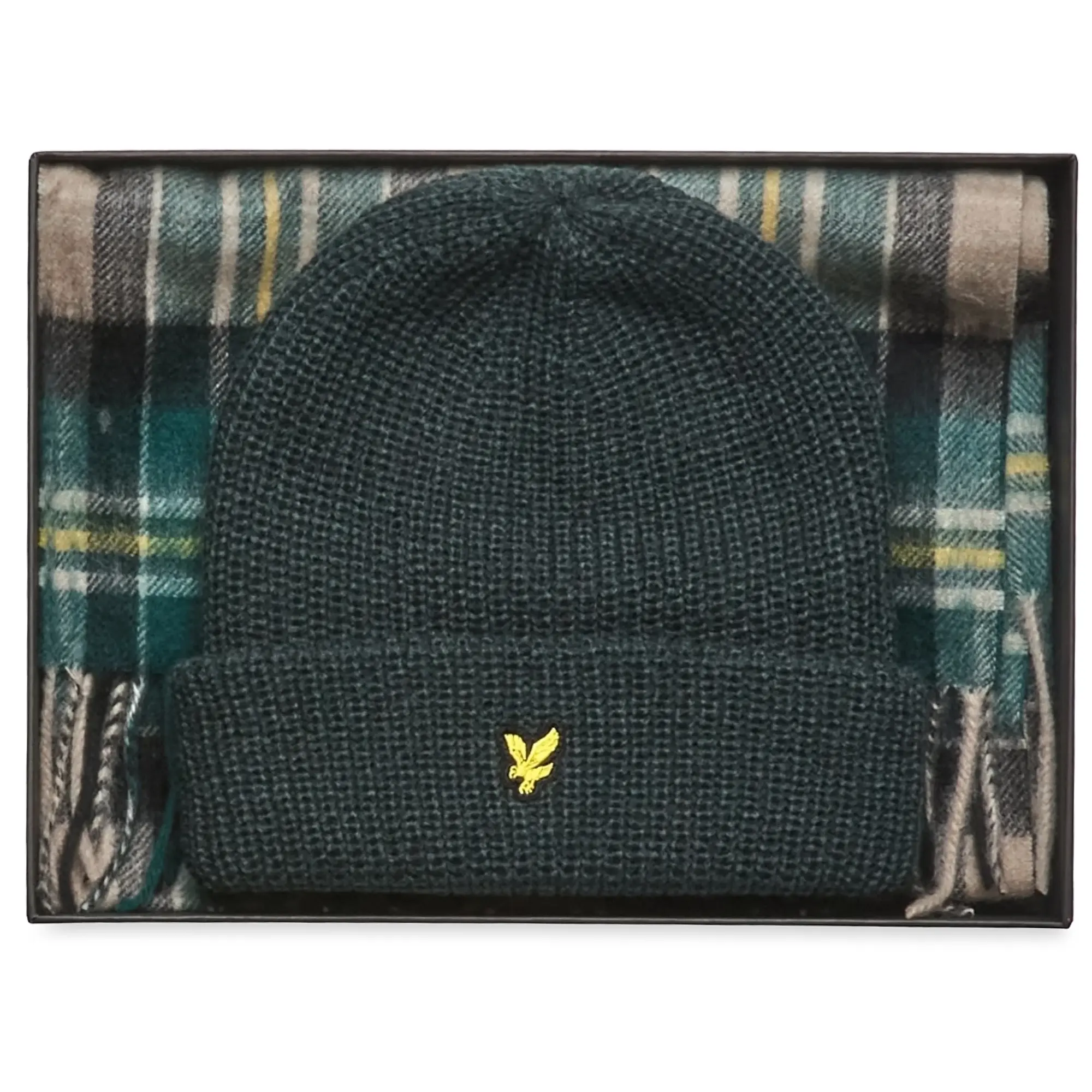 Product image 1 of 7 of Lyle & Scott Men's Lambswool Blend Checked Scarf & Beanie Gift Set - Argyle Teal