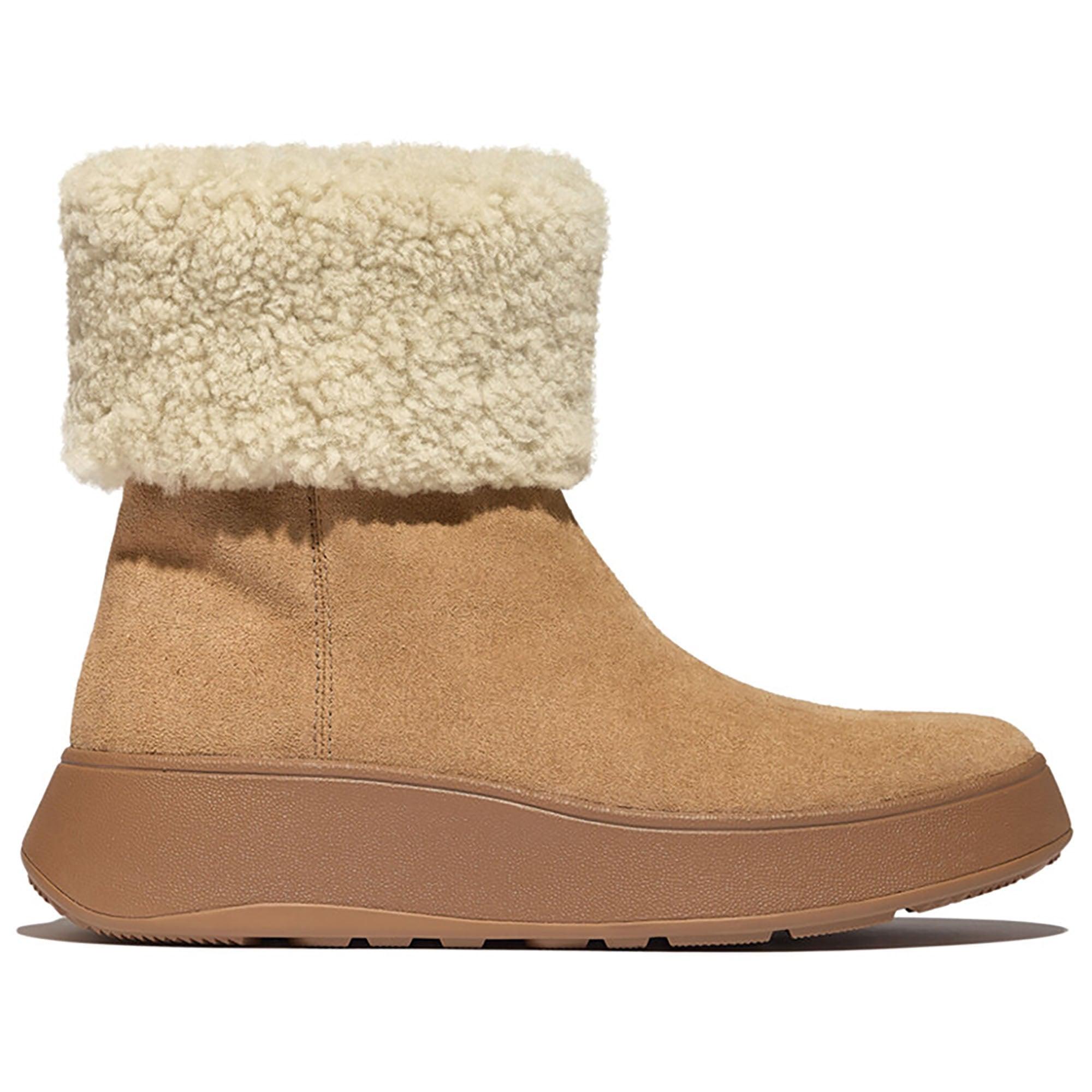 Product image 1 of 7 of FitFlop Women's F-MODE Shearling-Collar Zip-Up Suede Ankle Boots - Desert Tan