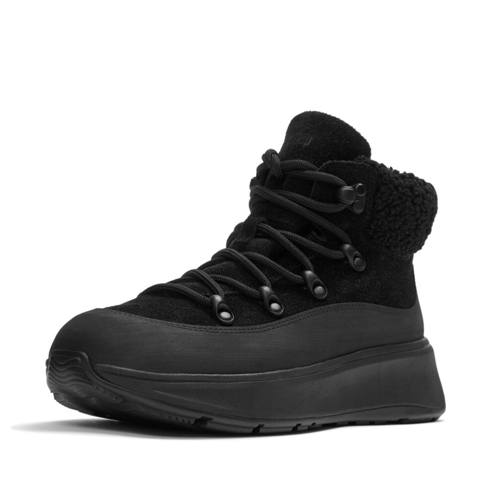Product image 3 of 7 of FitFlop Women's F-MODE Teddy-Collar Warm Suede Lace-Up Booties - All Black