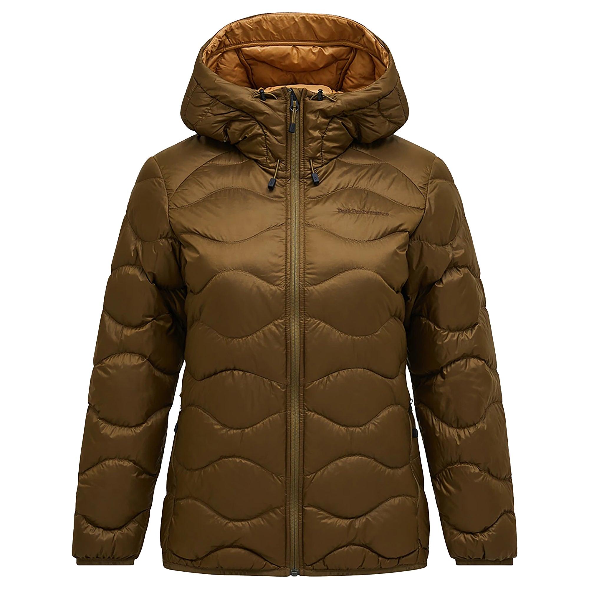 Product image 1 of 9 of Peak Performance Women's Helium Down Hooded Jacket - Meadow Moss/Sierra Sand