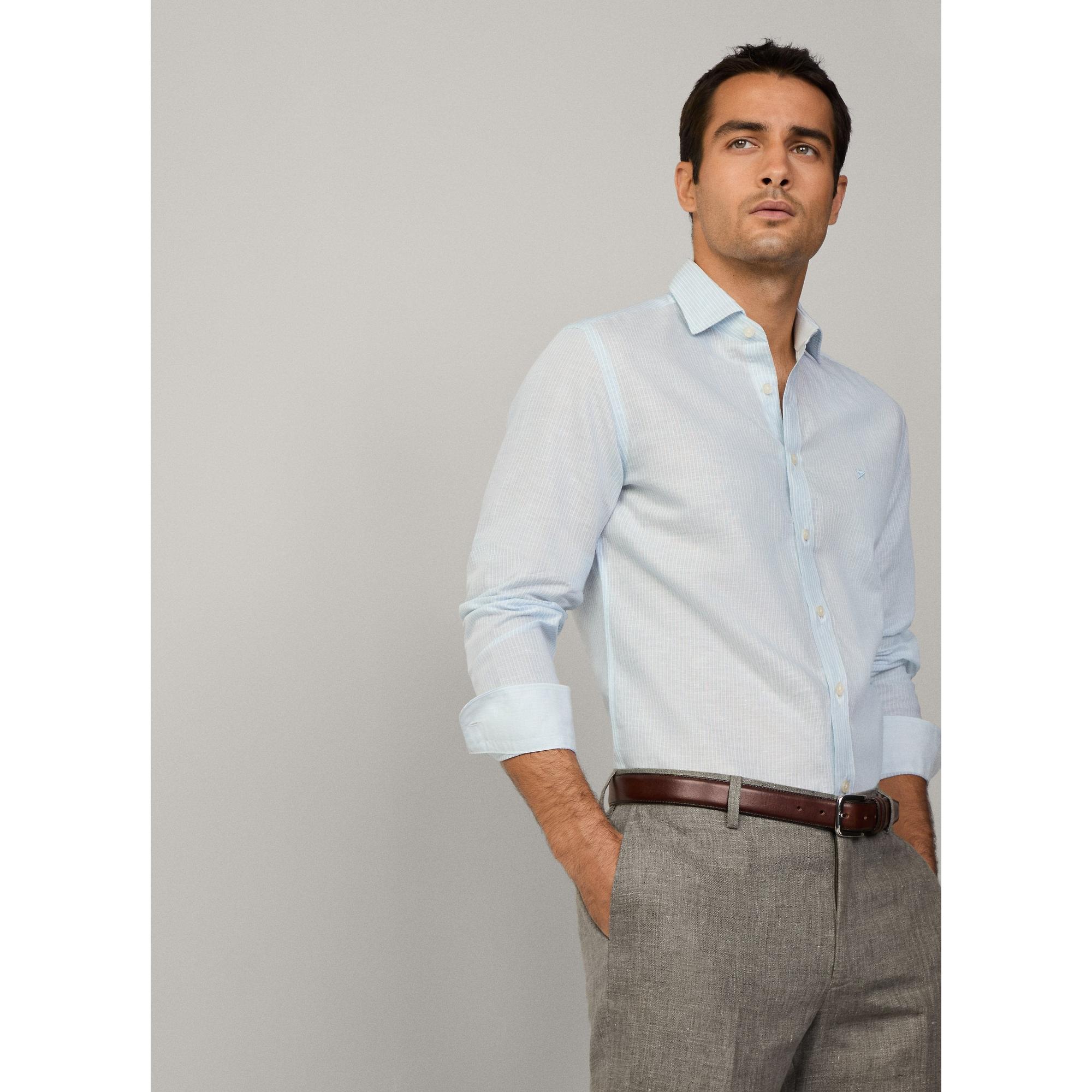 Product image 3 of 8 of Hackett Men's Tailored Fit Linen Bengal Striped Shirt - Sky Blue
