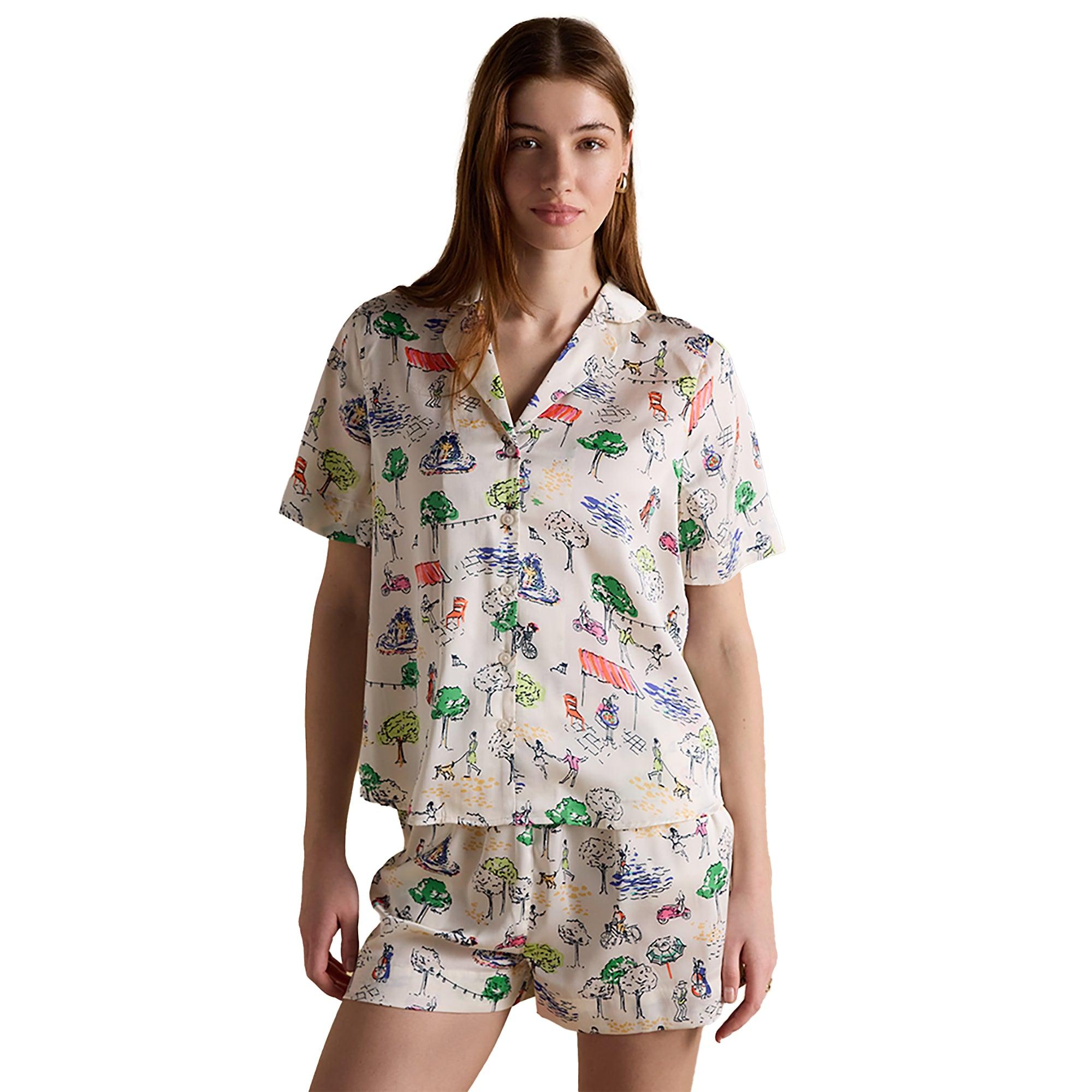 Product image 1 of 10 of Joules Women's Fiesta Scene Short Satin Pyjama Set - Cream Bistro