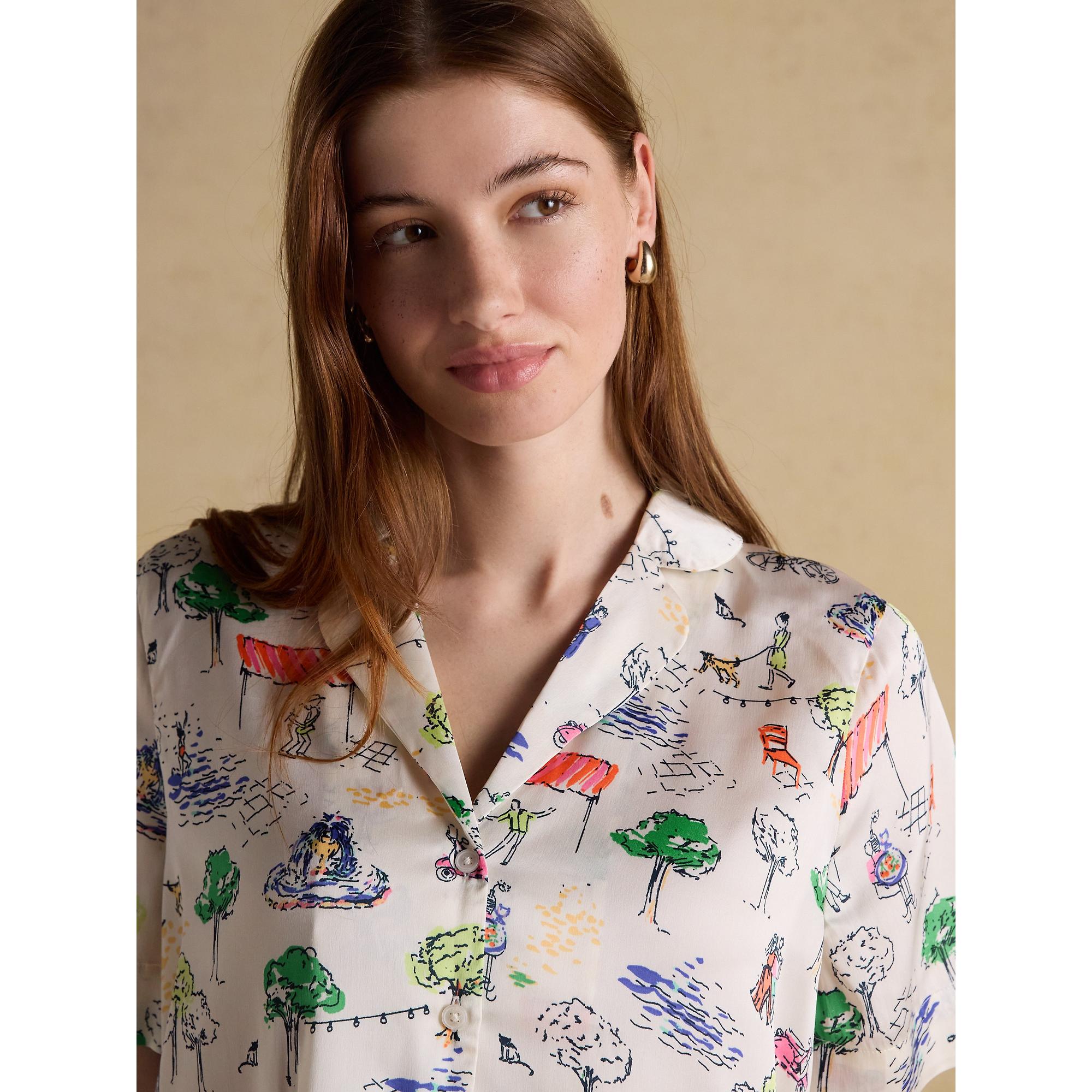 Product image 4 of 10 of Joules Women's Fiesta Scene Short Satin Pyjama Set - Cream Bistro