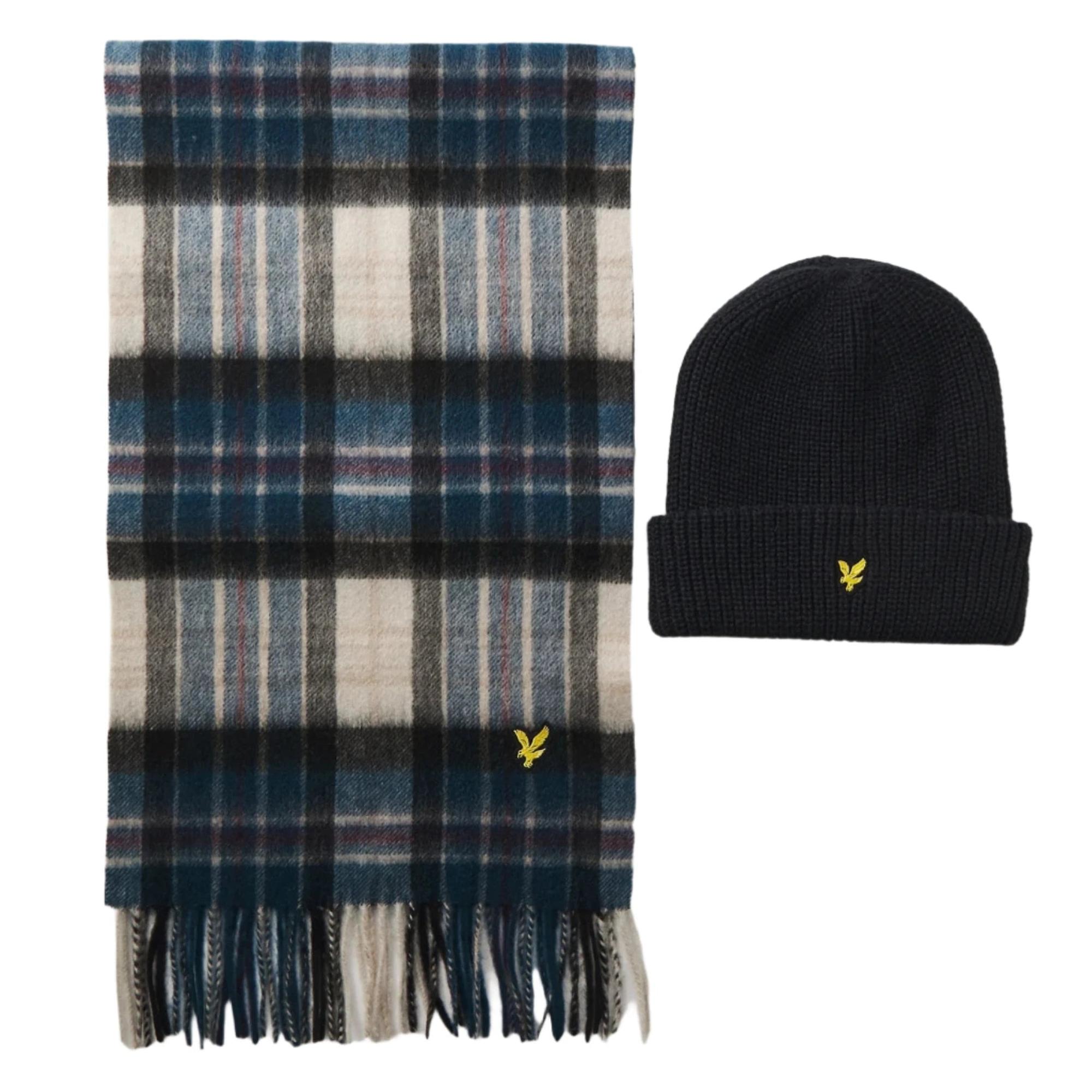 Product image 2 of 8 of Lyle & Scott Men's Lambswool Blend Checked Scarf & Beanie Gift Set - Dark Navy