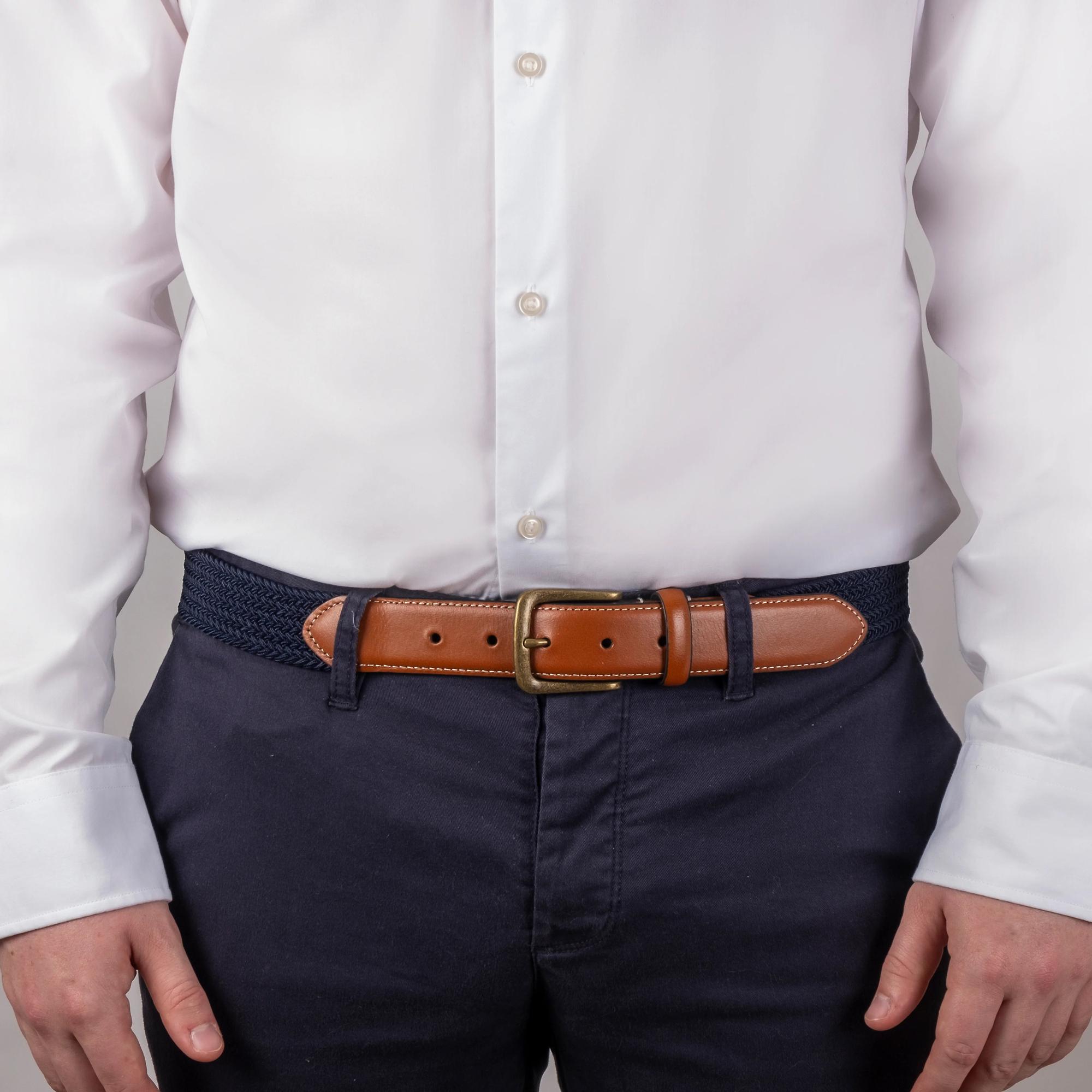 Product image 4 of 6 of Dents Men's Woven Stretch Belt with Antique Brushed Gold Buckle - Navy