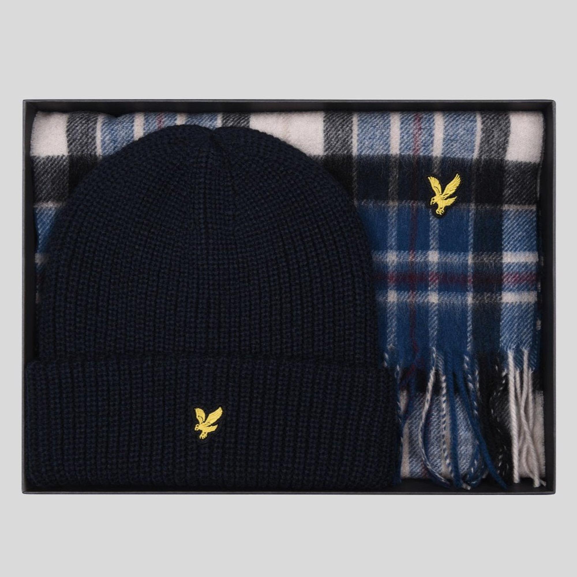 Product image 7 of 8 of Lyle & Scott Men's Lambswool Blend Checked Scarf & Beanie Gift Set - Dark Navy