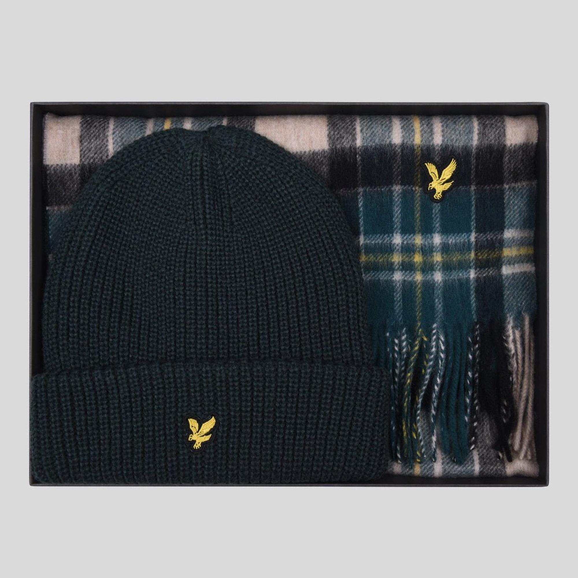 Product image 6 of 7 of Lyle & Scott Men's Lambswool Blend Checked Scarf & Beanie Gift Set - Argyle Teal