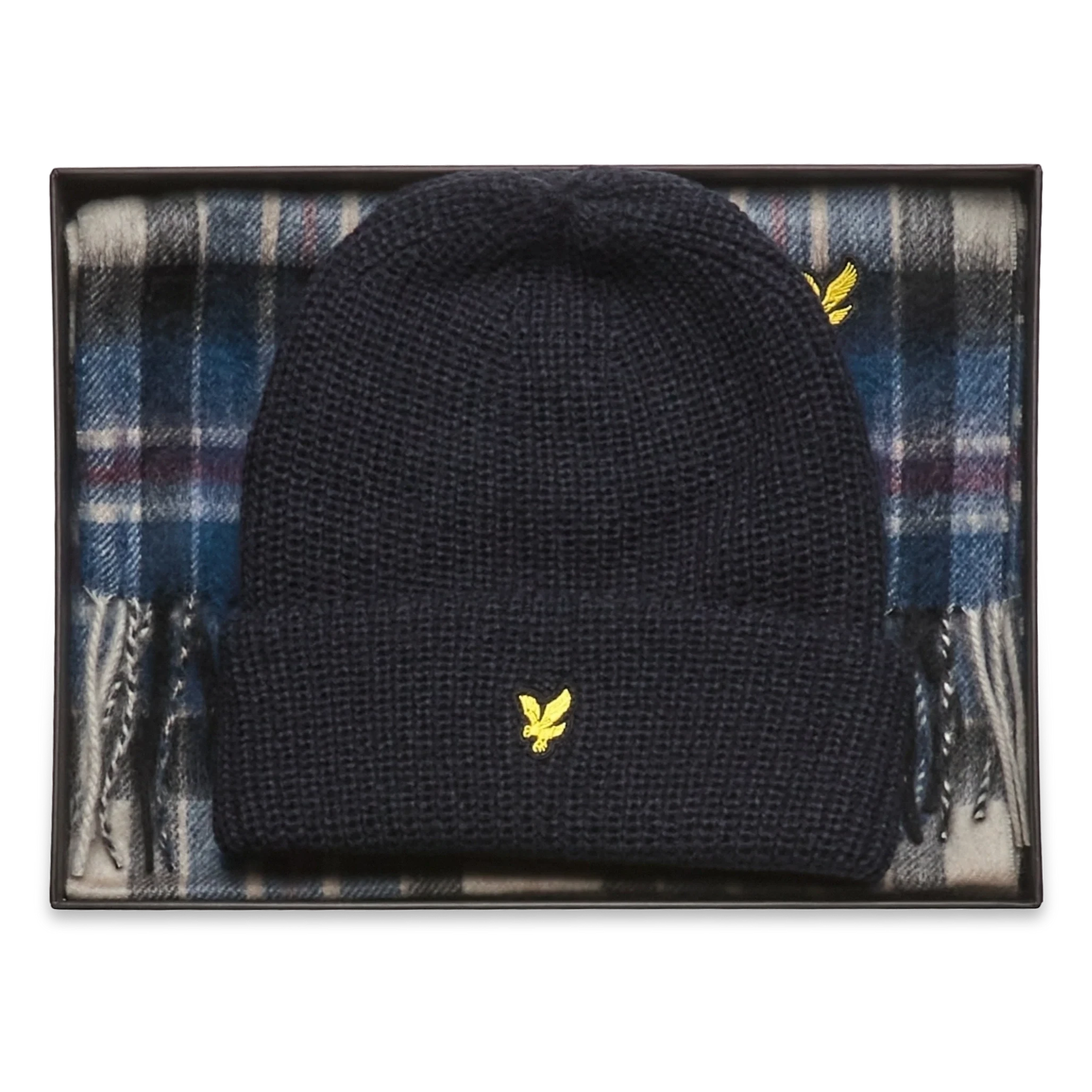 Product image 1 of 8 of Lyle & Scott Men's Lambswool Blend Checked Scarf & Beanie Gift Set - Dark Navy