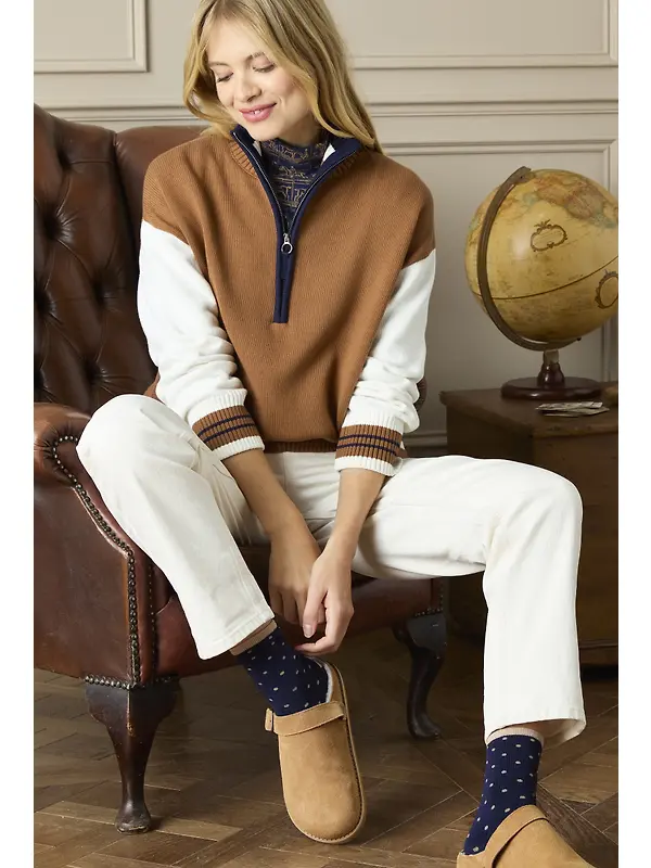 Joules Women's Varsity Colourblock Quarter Zip Jumper - Tan Brown Image 6