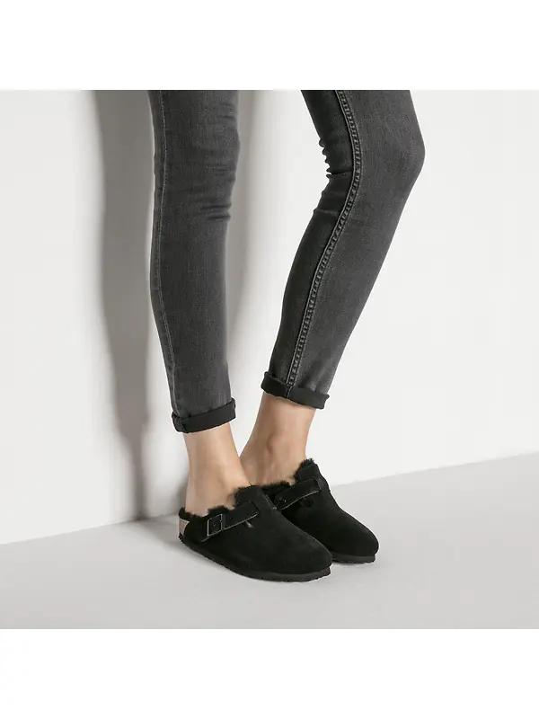 Birkenstock Boston Shearling Suede Leather Regular Clogs - Black Image 2