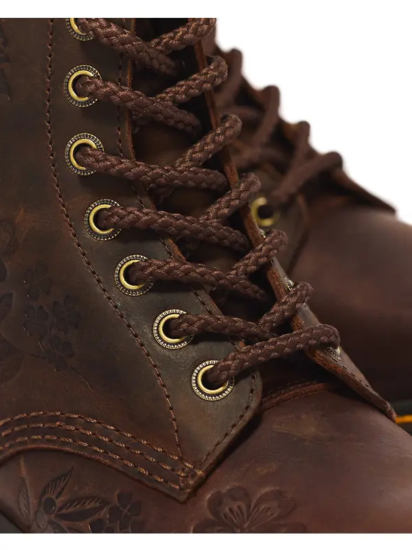 Dr Martens Women's 1460 Pascal Deboss Floral 8 Eye Crazy Horse Leather Boots - Dark Brown Image 3