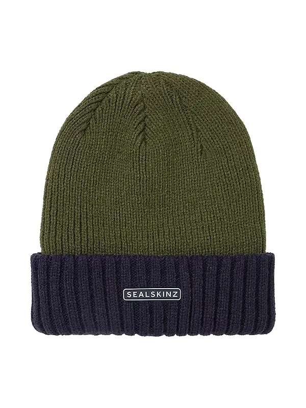Sealskinz Bacton Waterproof Cold Weather Roll Cuff Beanie Hat - Colour Block Olive Image 1