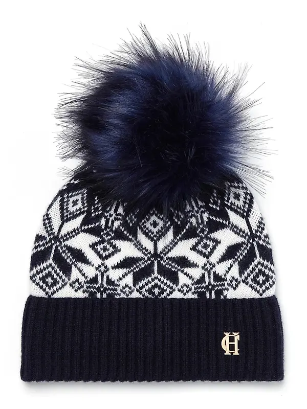 Holland Cooper Beatrice Beanie Bobble Hat - Ink Navy Cream Image 1