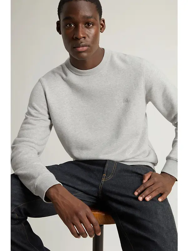 Woolrich Men's Logo Script Cotton Fleece Crewneck - Light Grey Melange Image 5