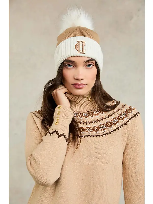 Holland Cooper Chelsea Merino Beanie Bobble Hat - Camel Image 4