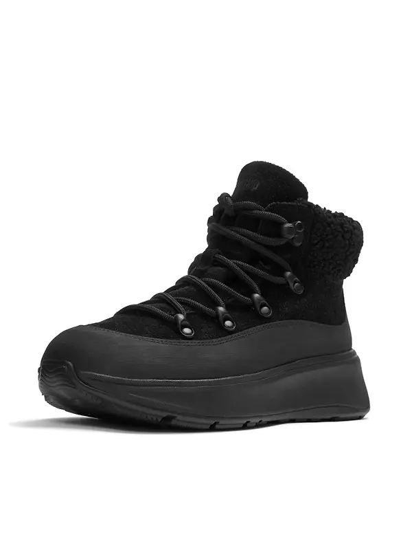 FitFlop Women's F-MODE Teddy-Collar Warm Suede Lace-Up Booties - All Black Image 3