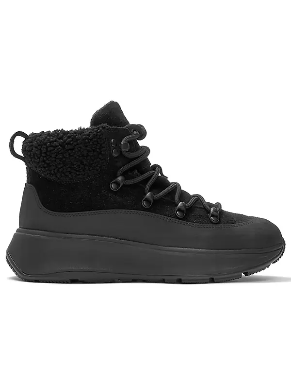 FitFlop Women's F-MODE Teddy-Collar Warm Suede Lace-Up Booties - All Black Image 1