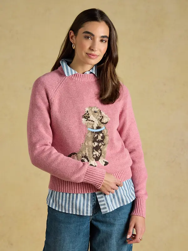 Joules Women's Dachshund Cotton Blend Crew Neck Knitted Jumper - Pink Image 2