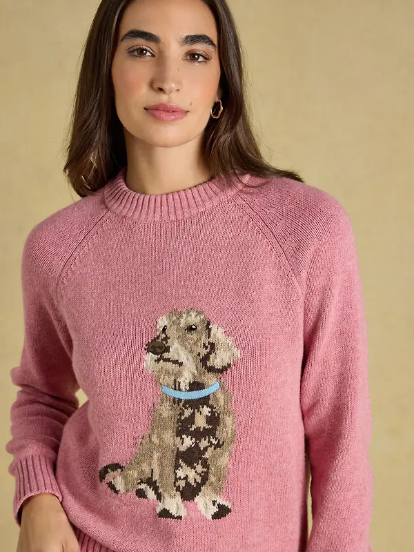 Joules Women's Dachshund Cotton Blend Crew Neck Knitted Jumper - Pink Image 5
