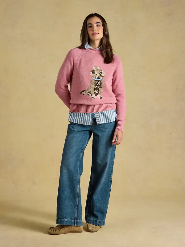 Joules Women's Dachshund Cotton Blend Crew Neck Knitted Jumper - Pink Image 7