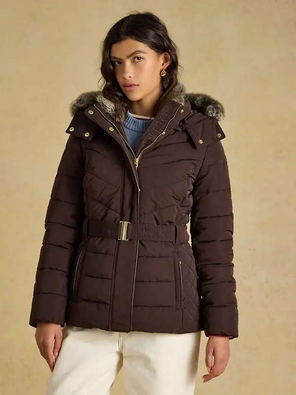 Joules Women's Aspen Showerproof Padded Coat with Faux Fur Hood - Chocolate Brown Image 2