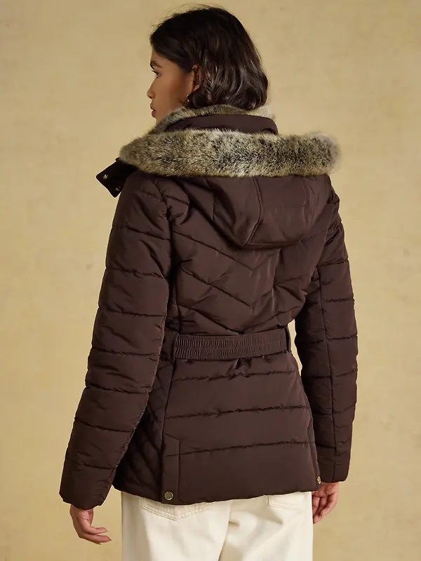 Joules Women's Aspen Showerproof Padded Coat with Faux Fur Hood - Chocolate Brown Image 3