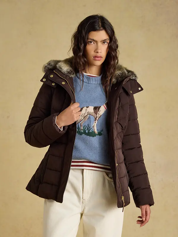 Joules Women's Aspen Showerproof Padded Coat with Faux Fur Hood - Chocolate Brown Image 4