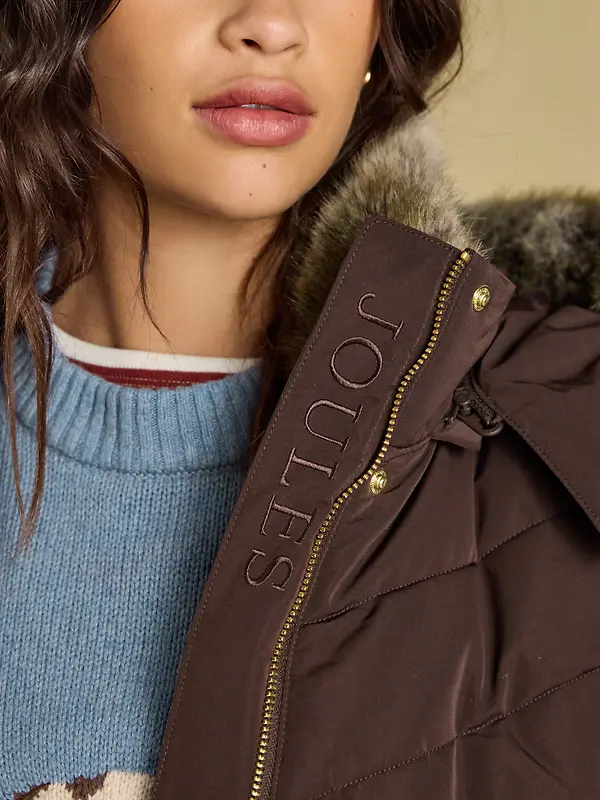 Joules Women's Aspen Showerproof Padded Coat with Faux Fur Hood - Chocolate Brown Image 5