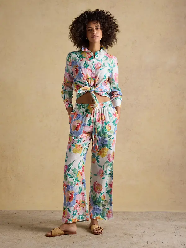 Joules Women's Relaxed Wide Leg Trousers with Linen - Multi Floral Image 7