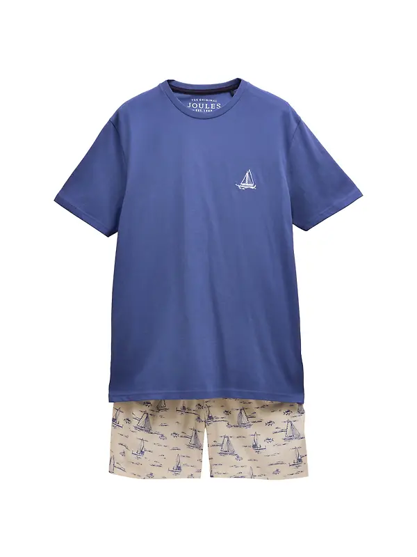 Joules Men's Harford Short Sleeve Top & Pyjama Set With Packable Travel Bag - Blue Toile Image 1