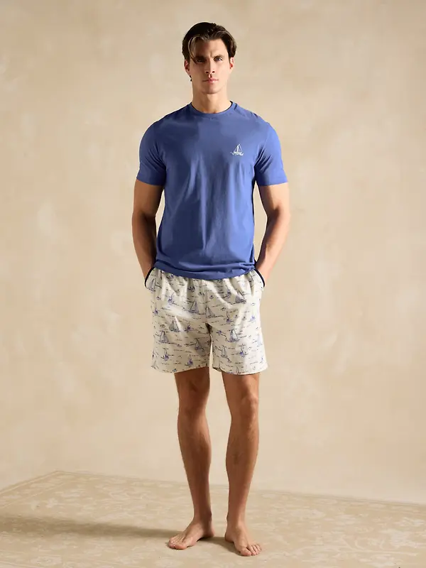 Joules Men's Harford Short Sleeve Top & Pyjama Set With Packable Travel Bag - Blue Toile Image 3
