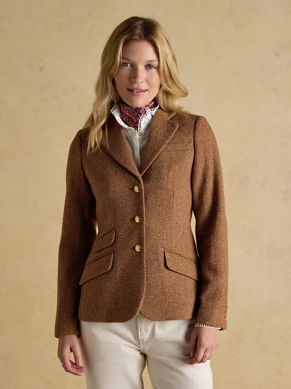 Joules Women's Canterly Formal Tweed Suit Blazer - Brown Herringbone Image 5