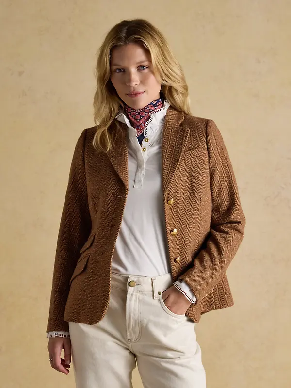Joules Women's Canterly Formal Tweed Suit Blazer - Brown Herringbone Image 11