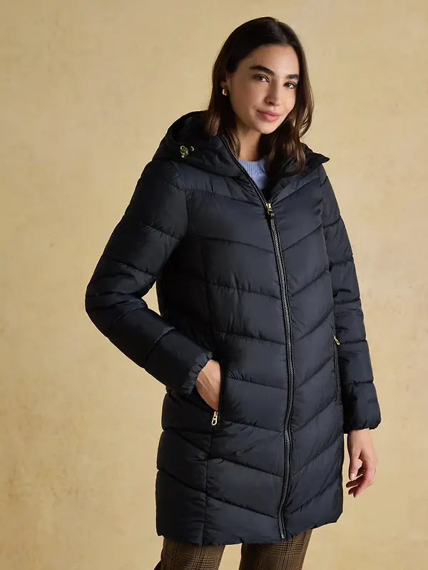 Joules Women's Moorsdale Mid Length Showerproof Padded Coat with Hood - Navy Image 2