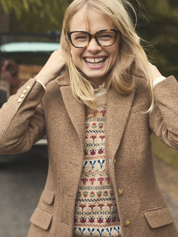 Joules Women's Canterly Formal Tweed Suit Blazer - Brown Herringbone Image 3