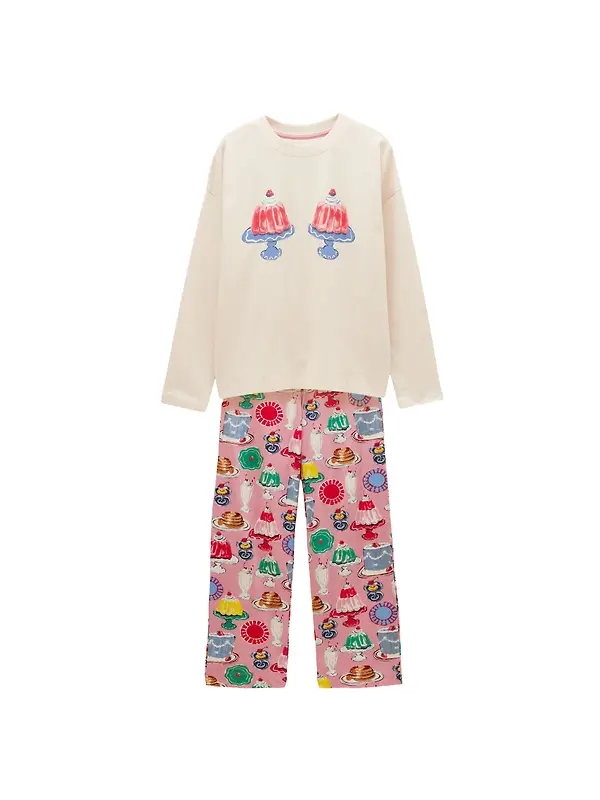 Joules Women's Lyla Long Sleeve Jersey Cotton Pyjama Set - Cream / Pink Puddings Print Image 1