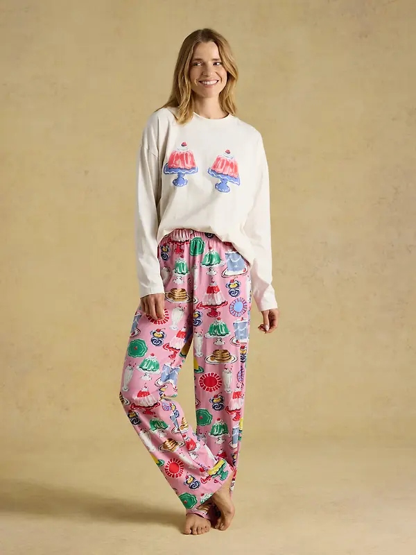 Joules Women's Lyla Long Sleeve Jersey Cotton Pyjama Set - Cream / Pink Puddings Print Image 2