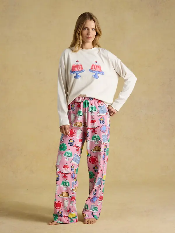 Joules Women's Lyla Long Sleeve Jersey Cotton Pyjama Set - Cream / Pink Puddings Print Image 8
