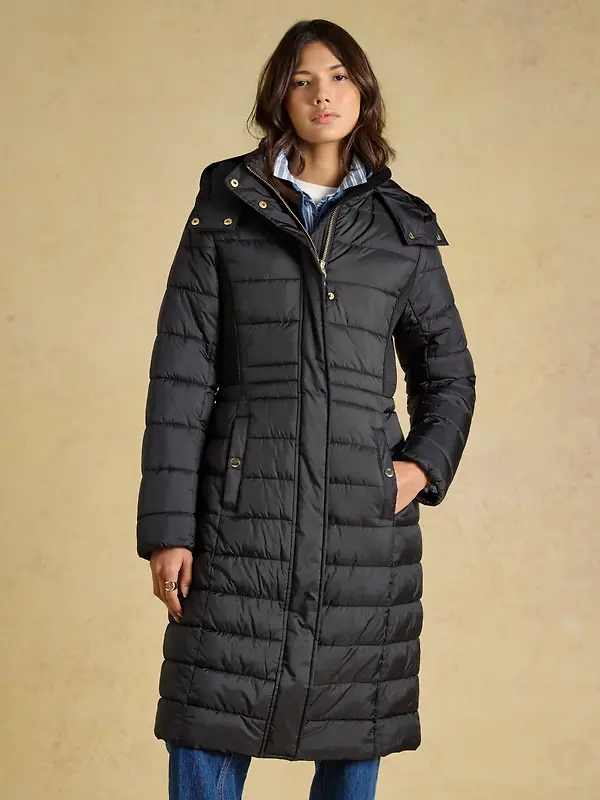 Joules Women's Windborough Showerproof Longline Padded Coat with Hood - Black Image 2