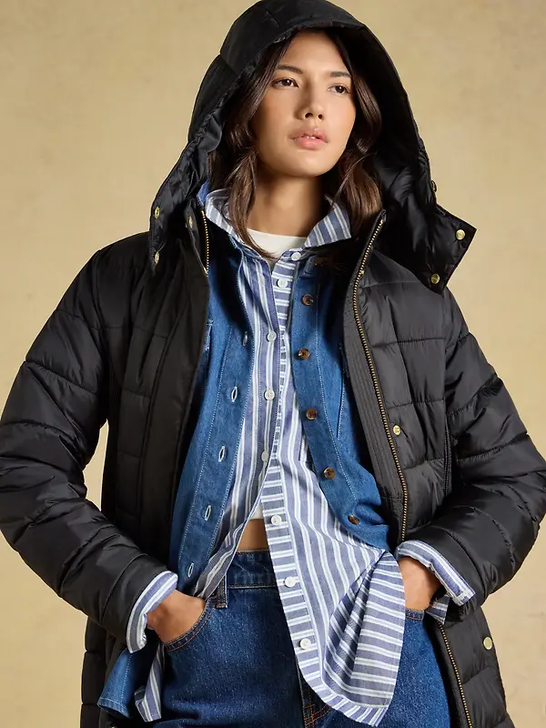 Joules Women's Windborough Showerproof Longline Padded Coat with Hood - Black Image 4